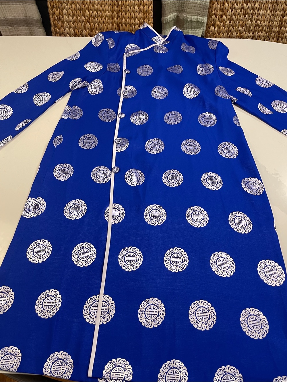 Vietnamese Áo Dài Asian-Inspired Long Coat with Silver Medallion Print
